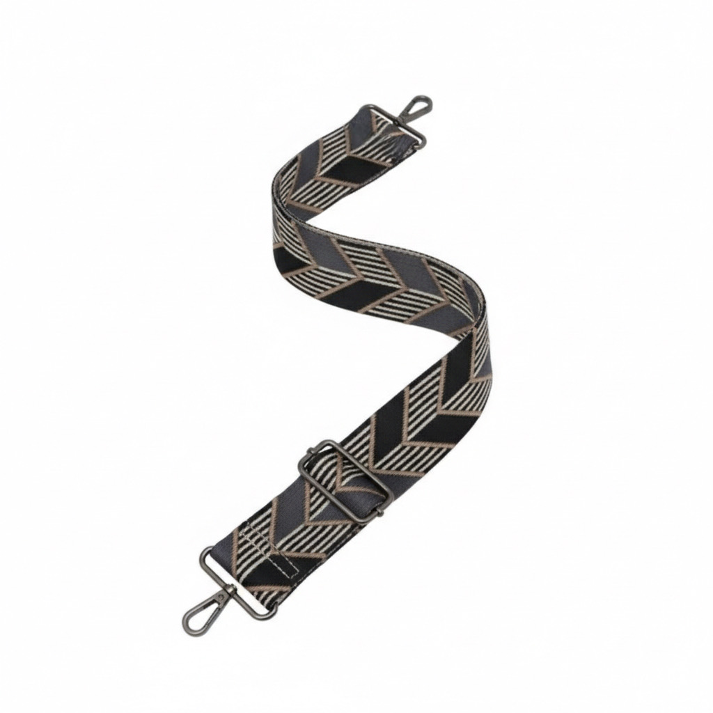 Chevron-kuvioinen leveä säädettävä laukkuhihna 5cm, musta/harmaa - Image 3