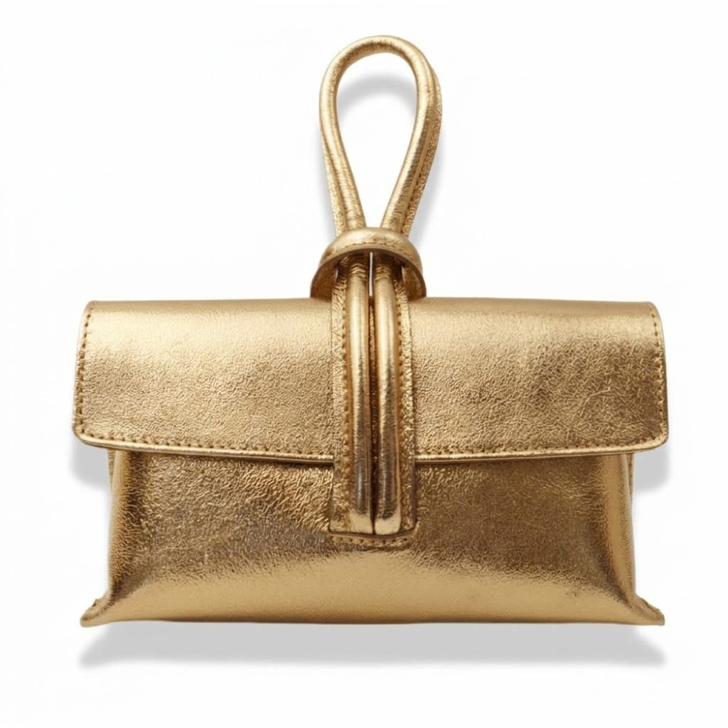 Italialainen nahkainen clutch-iltalaukku,metallinhohtoinen kullanvärinen