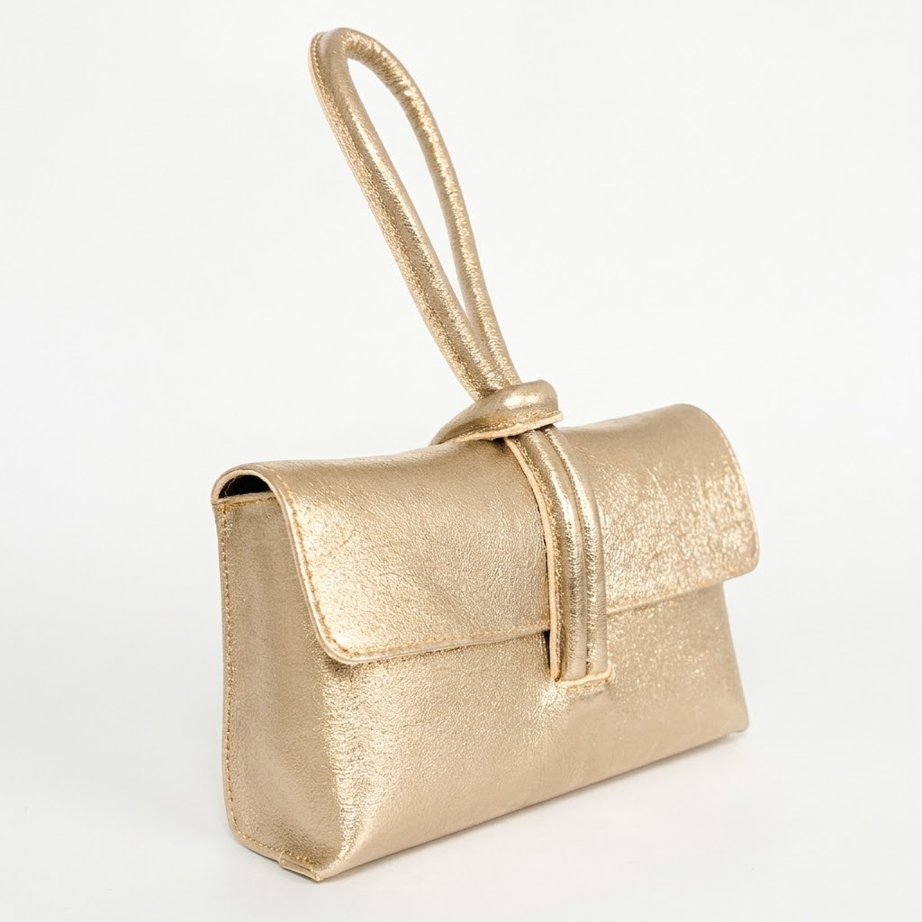 Italialainen nahkainen clutch-iltalaukku,metallinhohtoinen kullanvärinen - Image 2