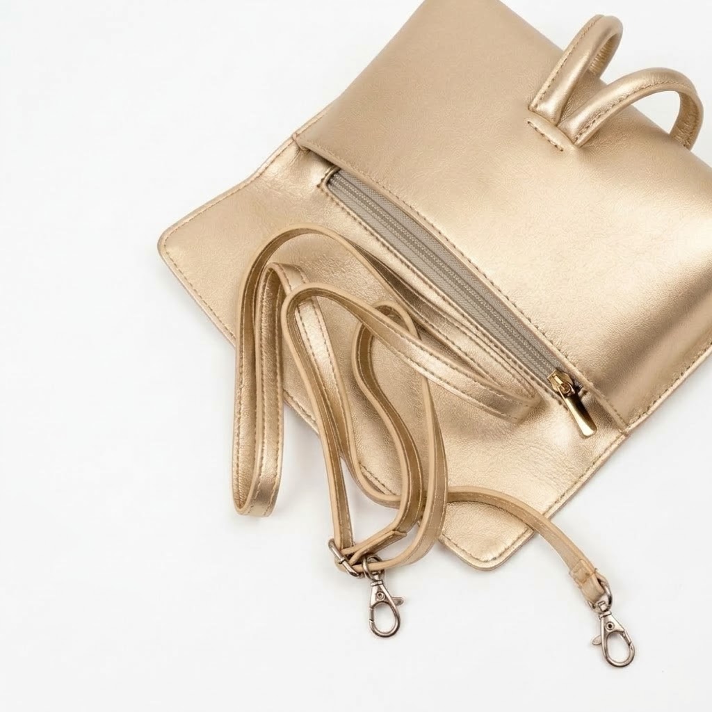 Italialainen nahkainen clutch-iltalaukku,metallinhohtoinen kullanvärinen - Image 5
